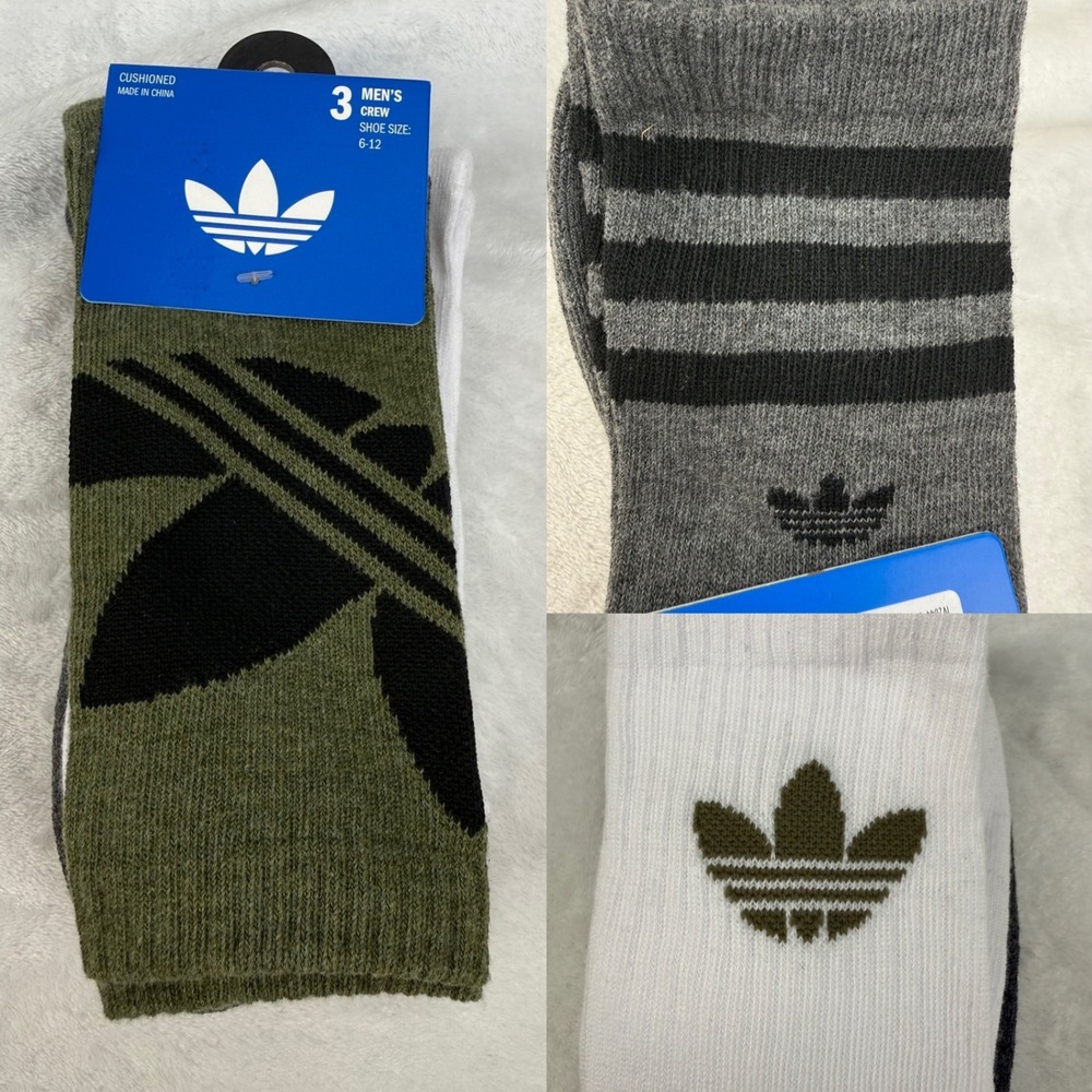 Adidas Originals Mens Crew Socks 3 Pack Olive White Grey Trefoil IV2044 6-12